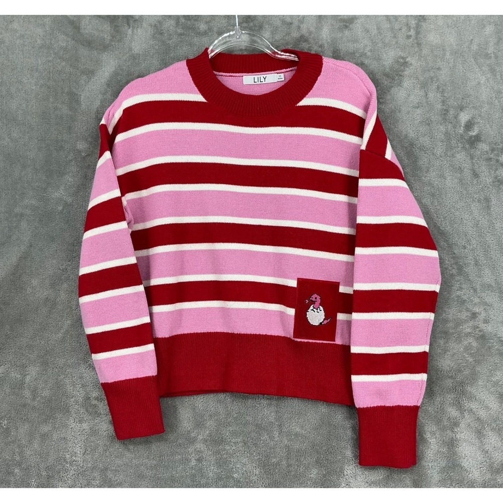 LILY Sweater Women Medium‎ Dinosaur Egg Wool Blend Pink Red Stripe Crew Preppy